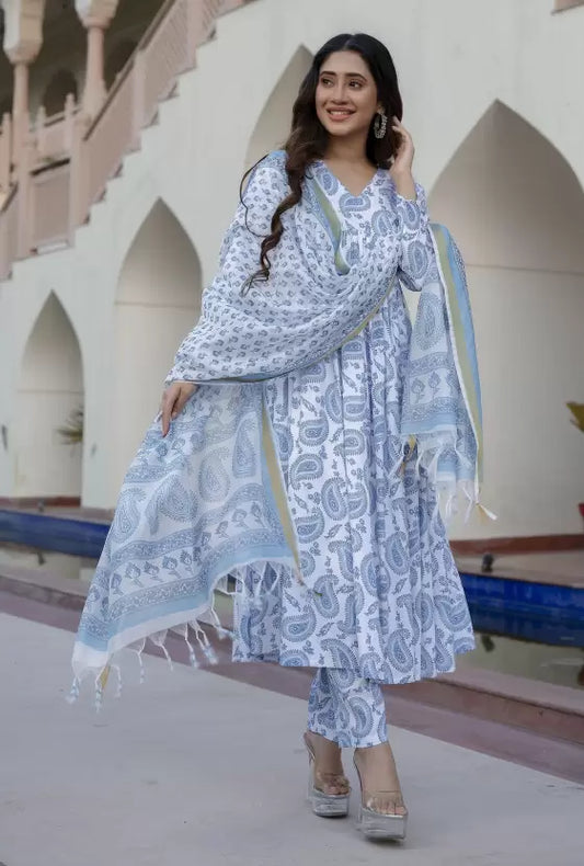 Women White Blue Viscose Rayon Kurta Pant Dupatta Set