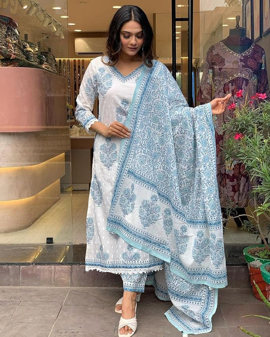 Women Cotton Block Printed Kurta Pant With Dupatta