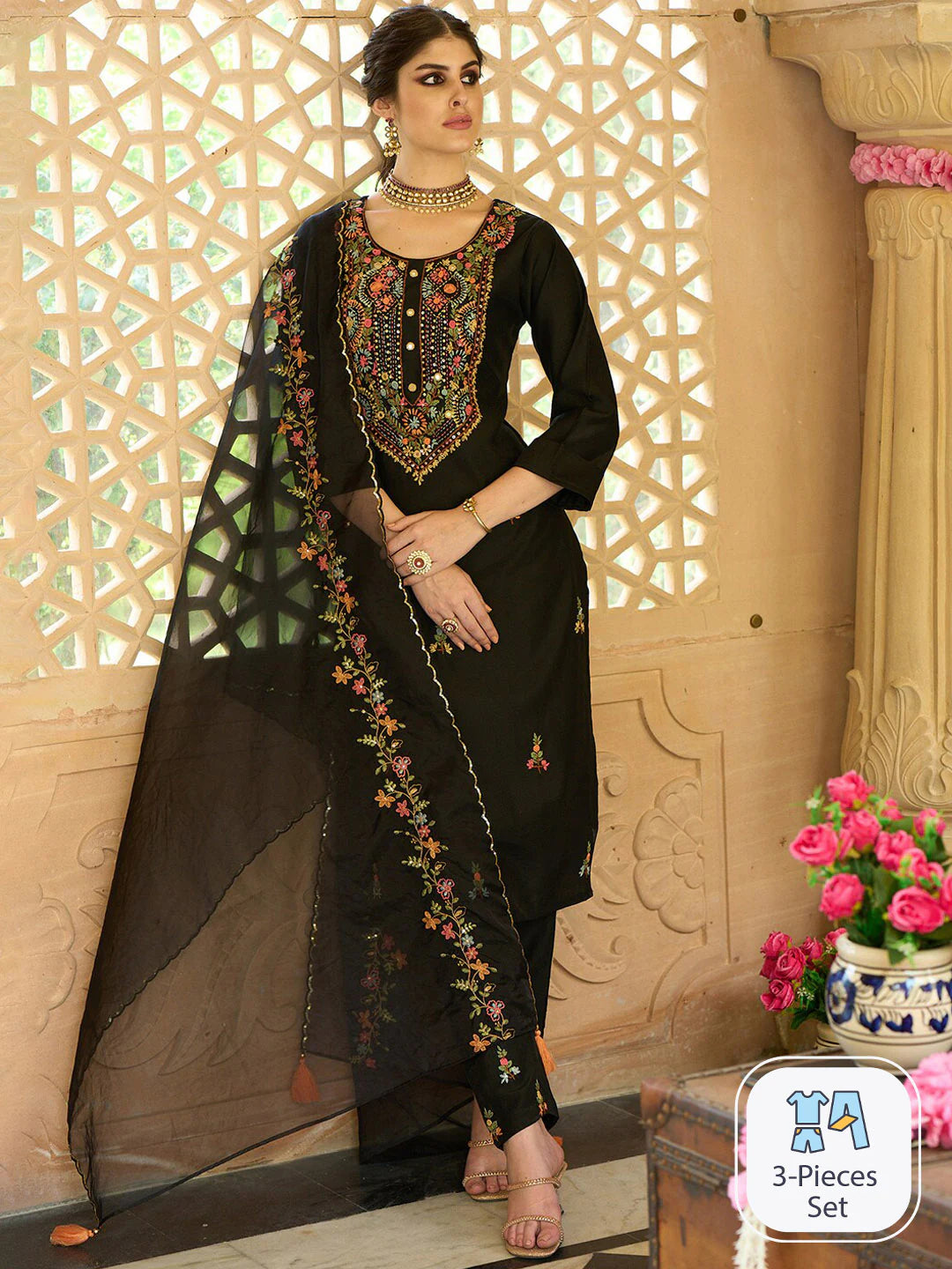 Floral Yoke Design Thread Work Kurta With Trousers & Dupatta