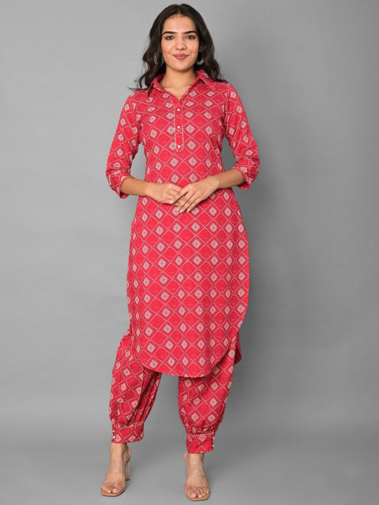 Geometric Printed Shirt Collar Straight Kurta With Pyjamas