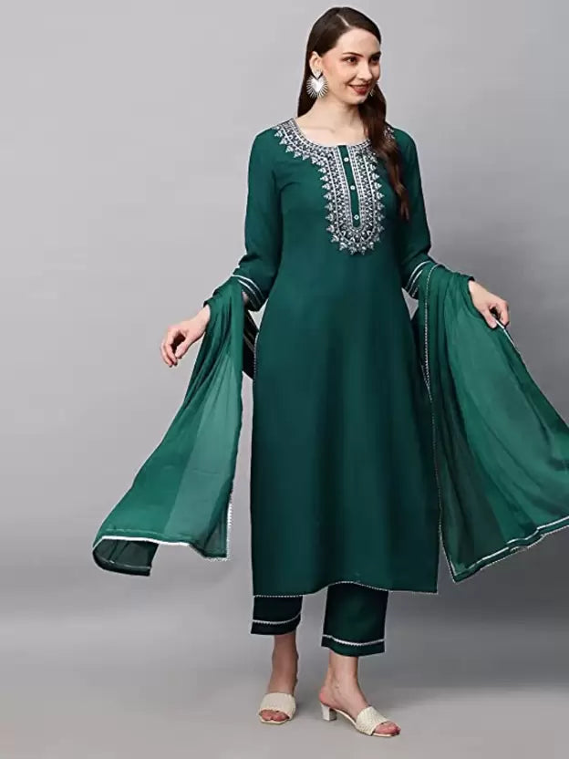 Women Green Viscose Rayon Kurta Pant Dupatta Set