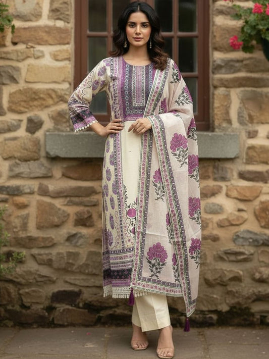Women Floral Embroidered Regular Beads and Stones Pure Cotton Kurta with Trousers & With Dupatta