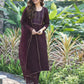 Women Wine Cotton Blend Kurta Pant Dupatta Set