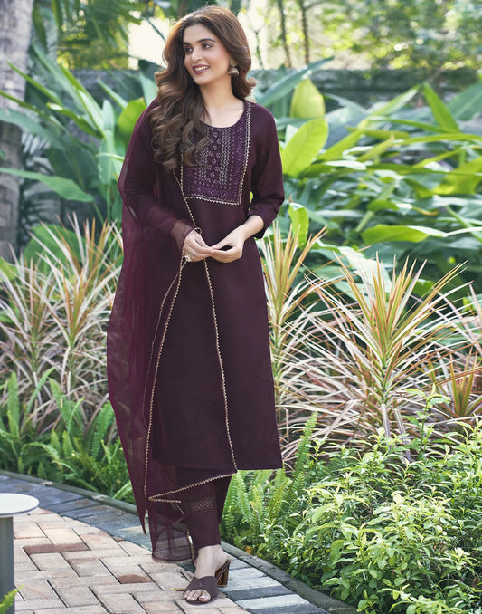 Women Wine Cotton Blend Kurta Pant Dupatta Set