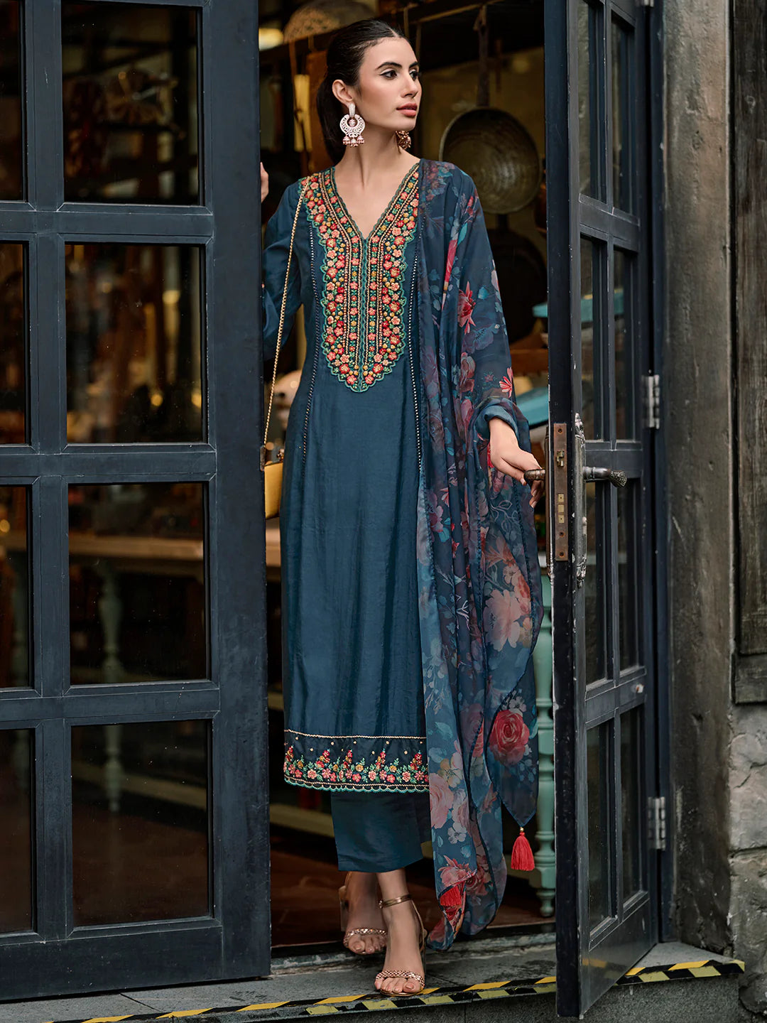 Indo Era Blue Embroidered A-Line Kurta Trousers With Dupatta Set