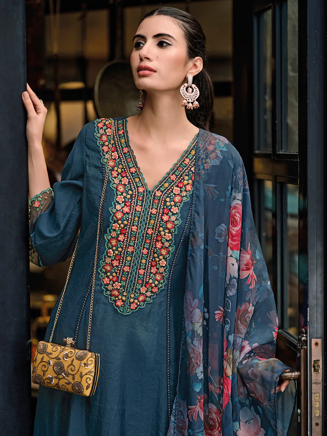 Indo Era Blue Embroidered A-Line Kurta Trousers With Dupatta Set