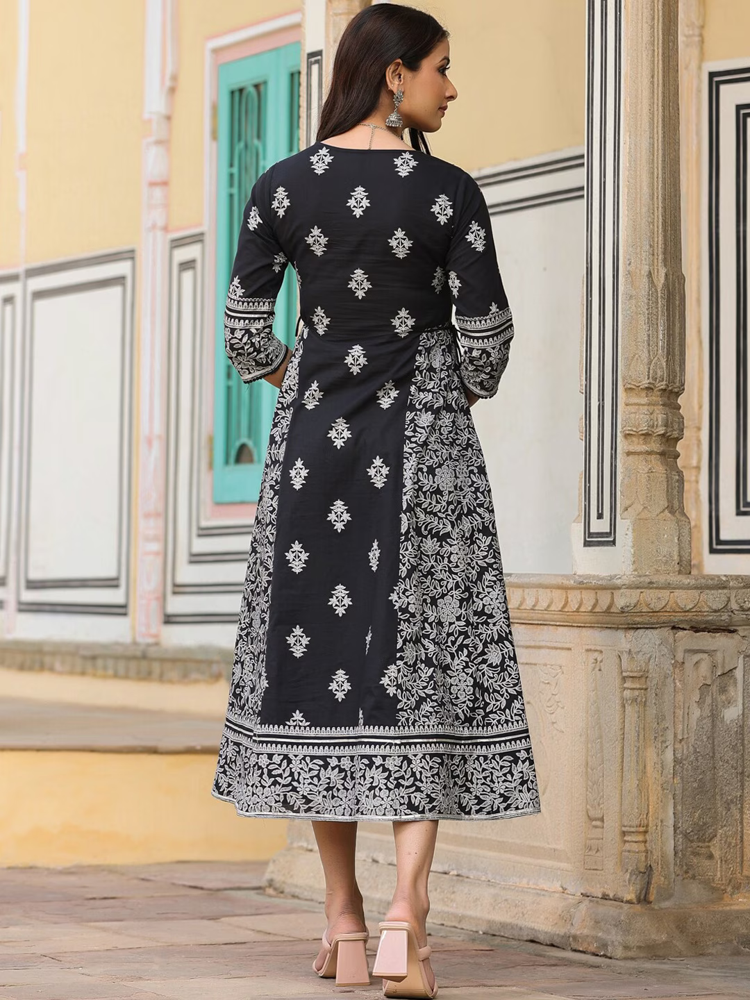 Black & White Printed Cotton Fit & Flared Midi Ethnic Dress
