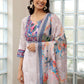 Floral Printed Regular Mirror Work Linen Straight Kurta with Trousers & Dupatta