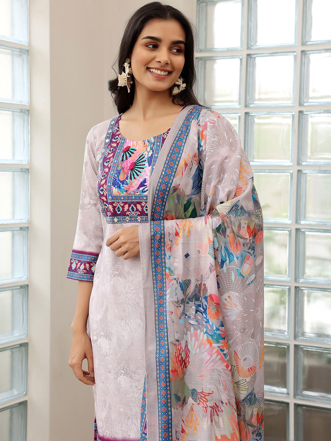 Floral Printed Regular Mirror Work Linen Straight Kurta with Trousers & Dupatta