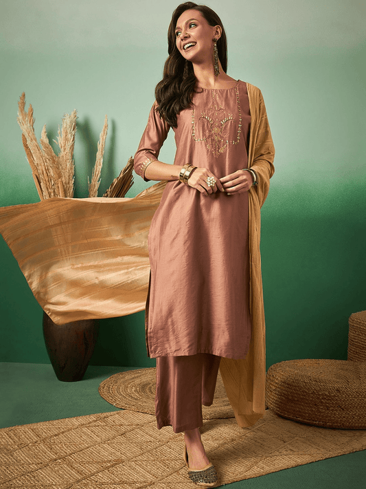 Embroidery Straight Kurta With Trouser & Dupatta Set