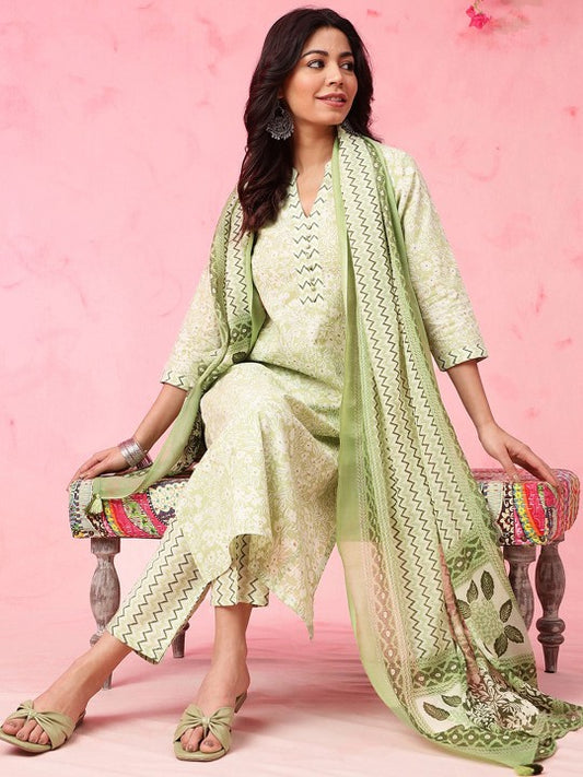 Lime Green Floral Printed V Neck Pure Cotton Straight Kurta with Trousers & Dupatta