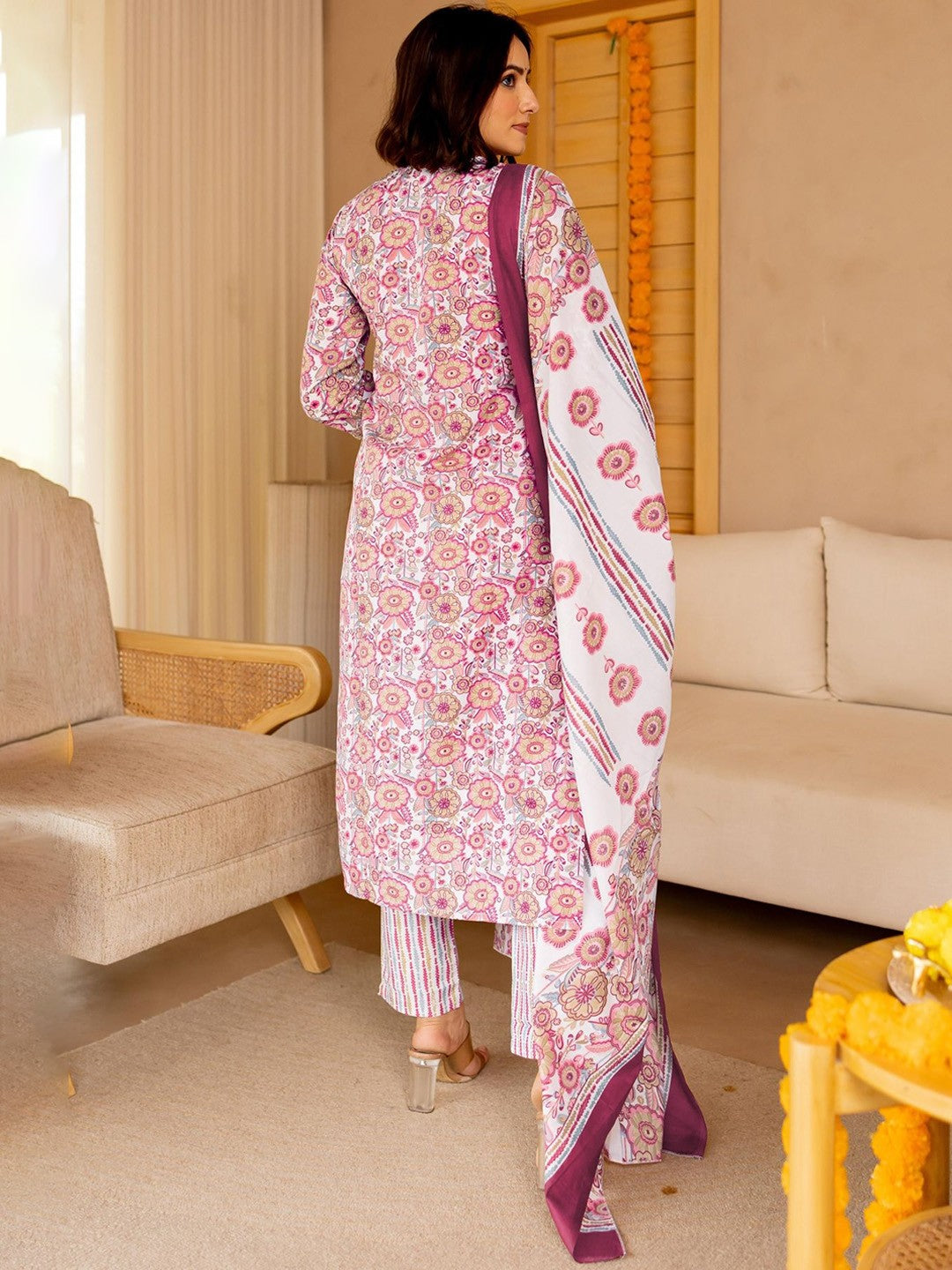 Floral Printed Kurta With Trousers & Dupatta