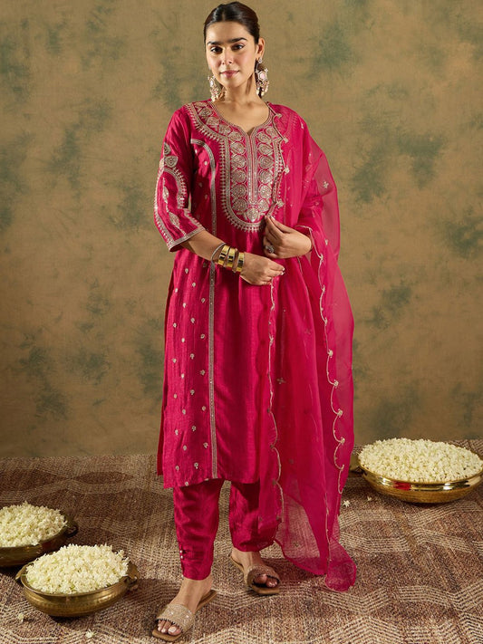 Ethnic Motifs Embroidered Panelled A-Line Kurta with Trousers & Dupatta