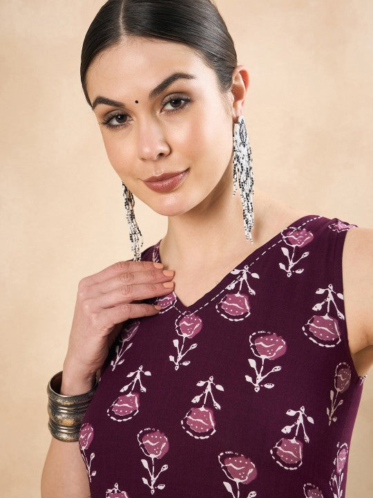 Magenta Floral Printed V-Neck A-Line Kurta with Trousers