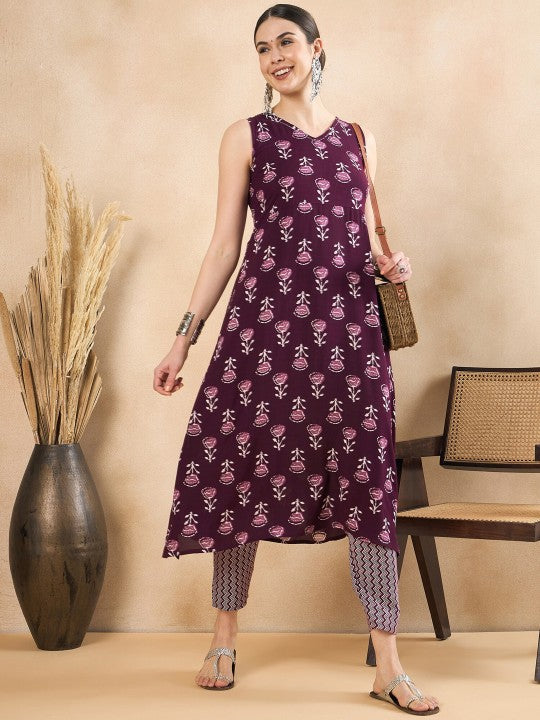 Magenta Floral Printed V-Neck A-Line Kurta with Trousers