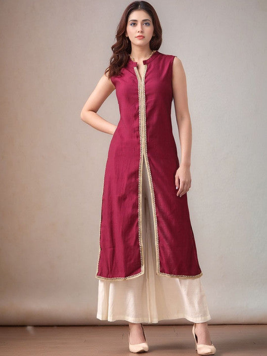 Mandarin Collar Sleeveless Gotta Patti Straight Kurta With Palazzo - Amy's Cart