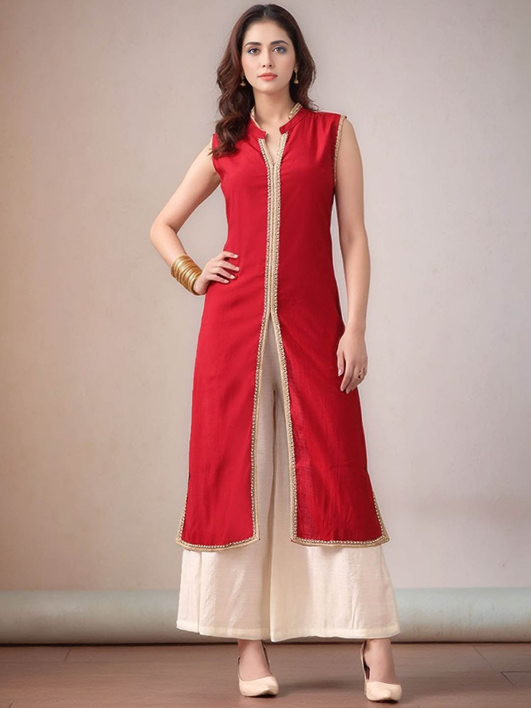 Mandarin Collar Sleeveless Gotta Patti Straight Kurta With Palazzo - Amy's Cart
