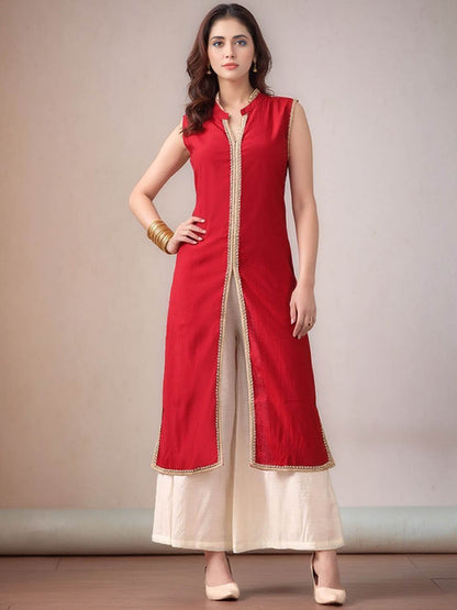 Mandarin Collar Sleeveless Gotta Patti Straight Kurta With Palazzo - Amy's Cart