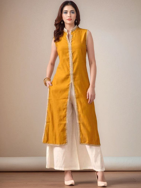 Mandarin Collar Sleeveless Gotta Patti Straight Kurta With Palazzo - Amy's Cart