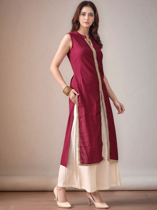 Mandarin Collar Sleeveless Gotta Patti Straight Kurta With Palazzo - Amy's Cart