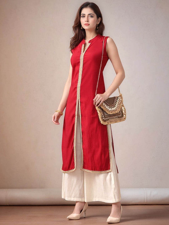 Mandarin Collar Sleeveless Gotta Patti Straight Kurta With Palazzo - Amy's Cart