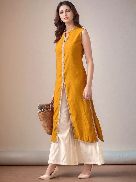 Mandarin Collar Sleeveless Gotta Patti Straight Kurta With Palazzo - Amy's Cart