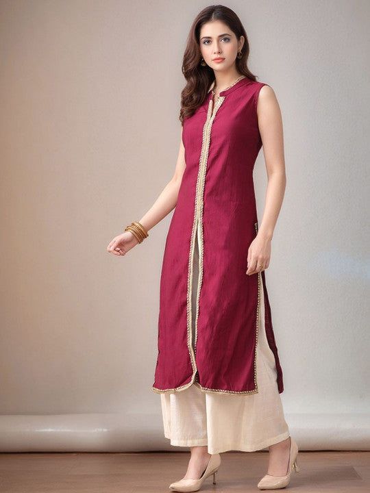 Mandarin Collar Sleeveless Gotta Patti Straight Kurta With Palazzo - Amy's Cart