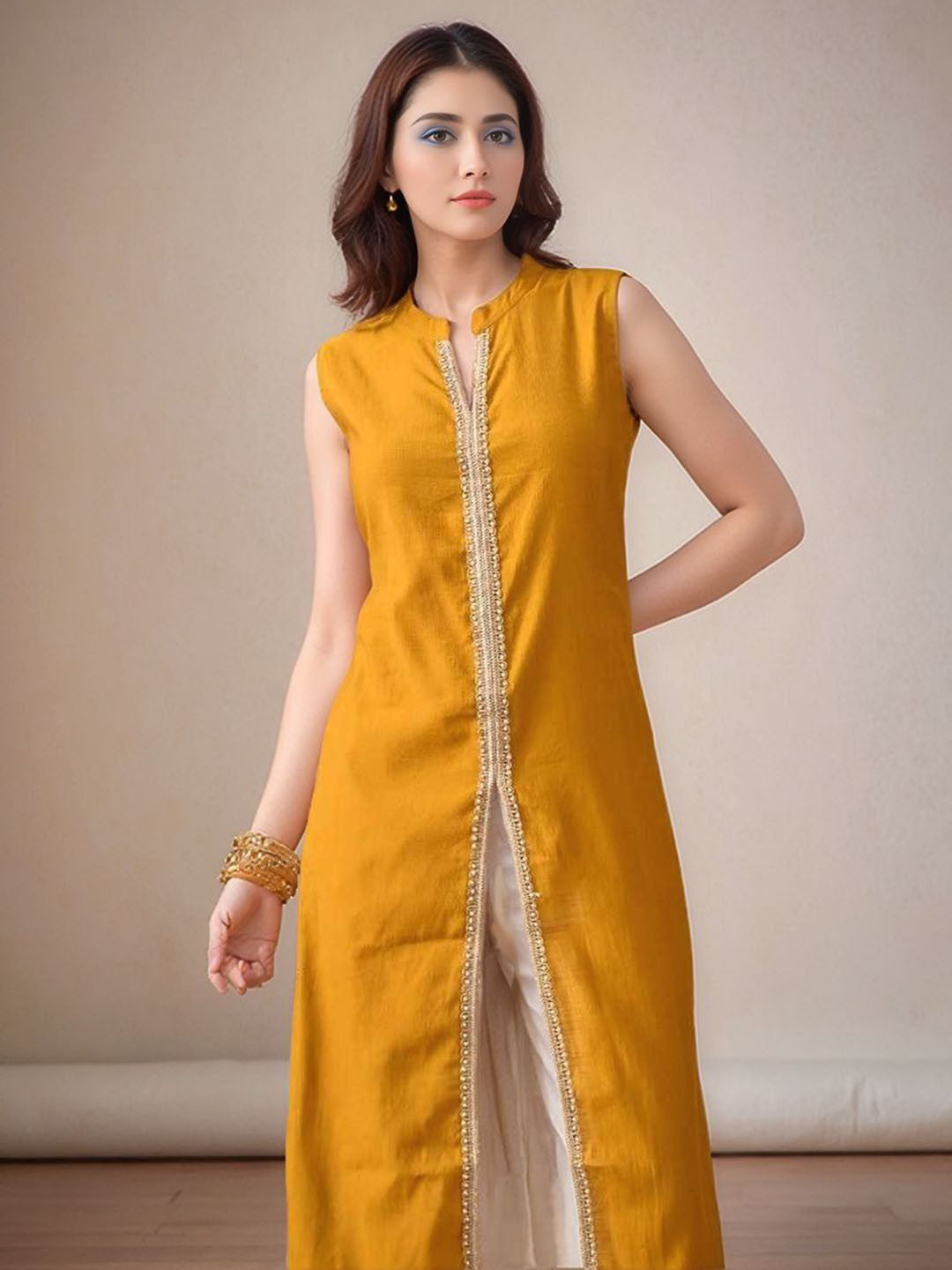 Mandarin Collar Sleeveless Gotta Patti Straight Kurta With Palazzo - Amy's Cart