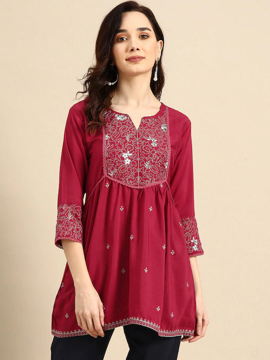 Maroon Embroidered Longline Top