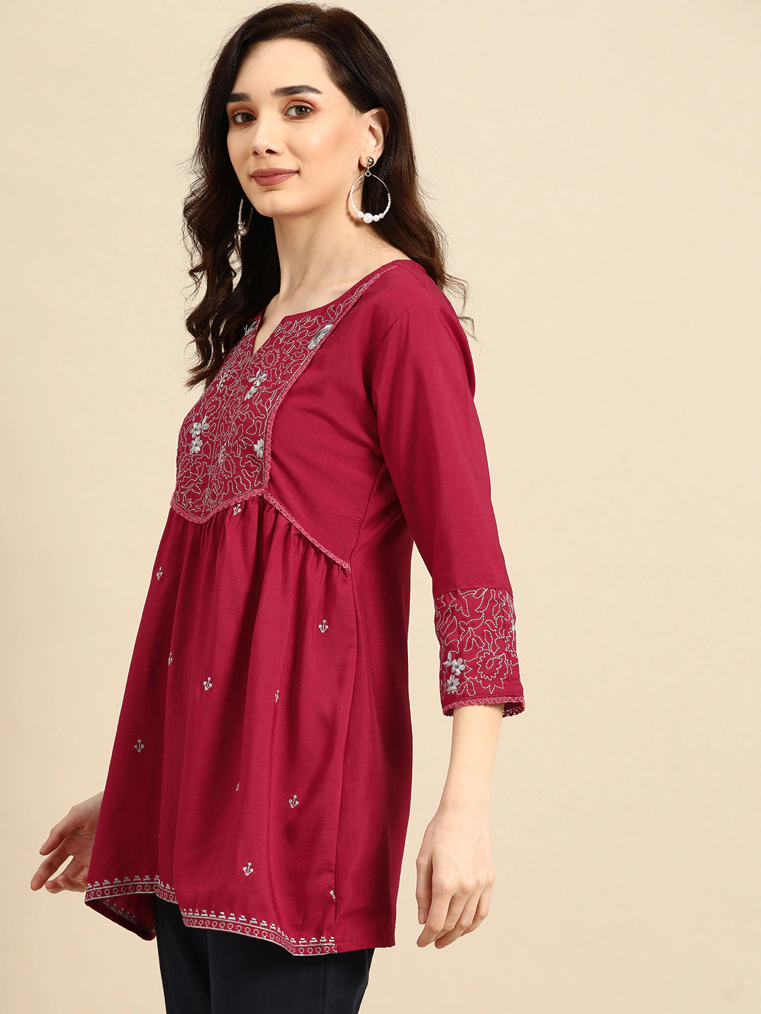 Maroon Embroidered Longline Top