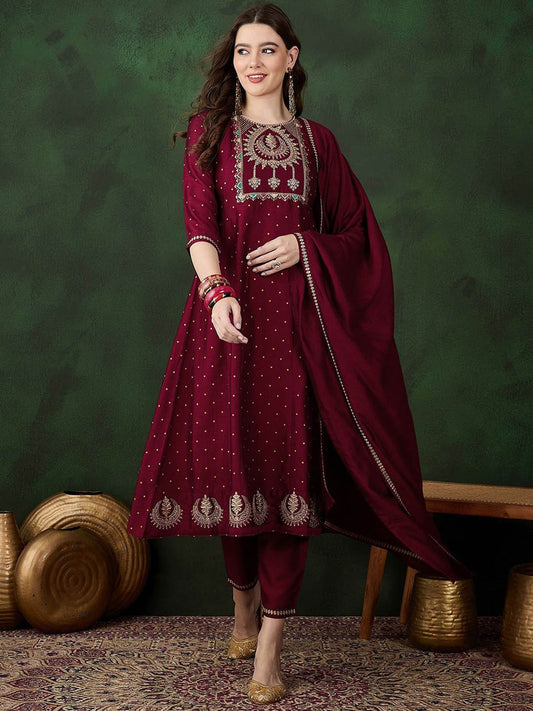 Maroon Floral Embroidered Zari A-Line Kurta With Trousers & Dupatta