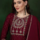 Maroon Floral Embroidered Zari A-Line Kurta With Trousers & Dupatta