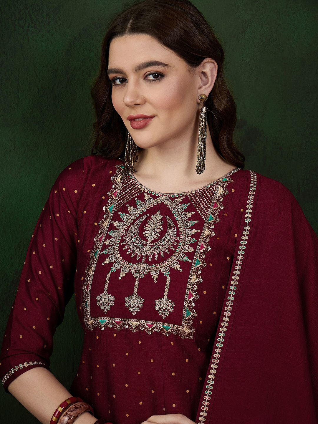 Maroon Floral Embroidered Zari A-Line Kurta With Trousers & Dupatta