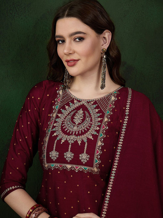 Maroon Floral Embroidered Zari A-Line Kurta With Trousers & Dupatta