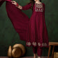 Maroon Floral Embroidered Zari A-Line Kurta With Trousers & Dupatta