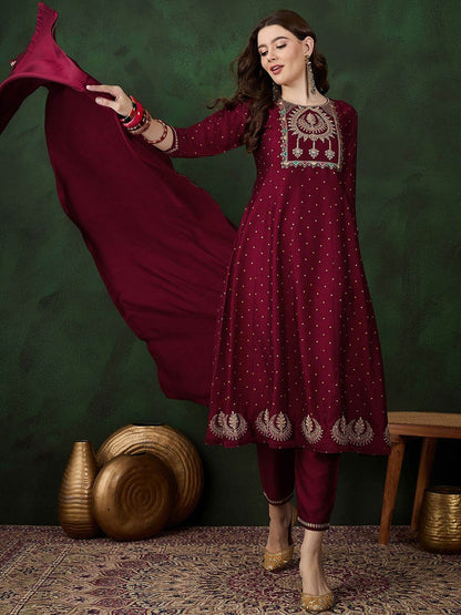 Maroon Floral Embroidered Zari A-Line Kurta With Trousers & Dupatta