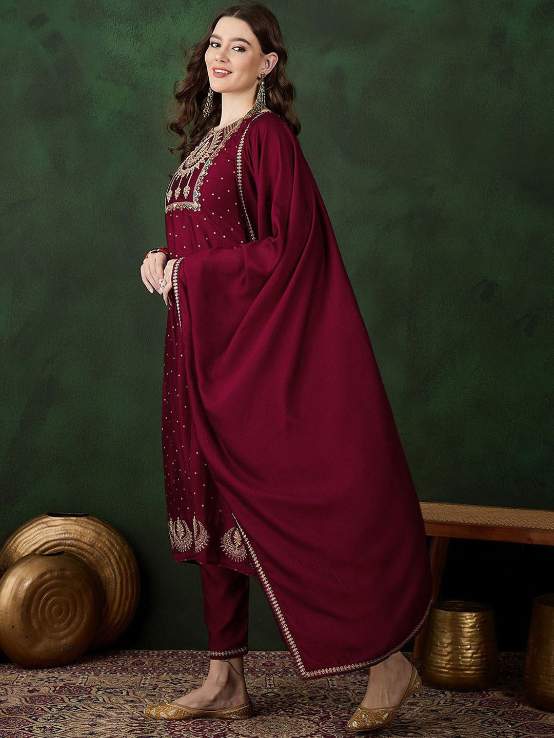 Maroon Floral Embroidered Zari A-Line Kurta With Trousers & Dupatta