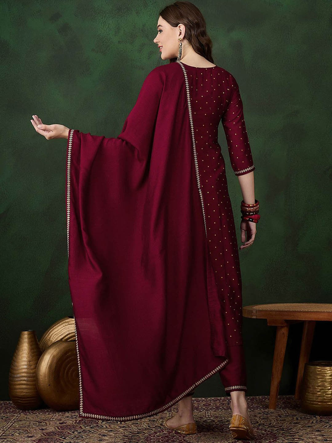 Maroon Floral Embroidered Zari A-Line Kurta With Trousers & Dupatta