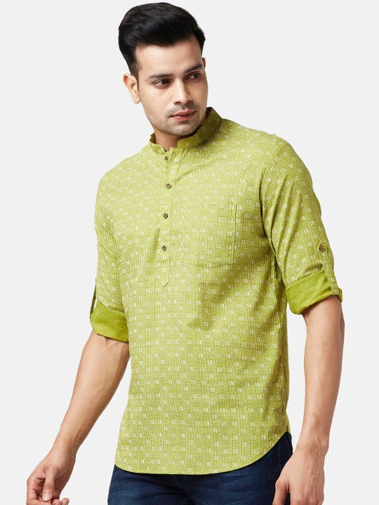 Men Green Printed Short Kurta