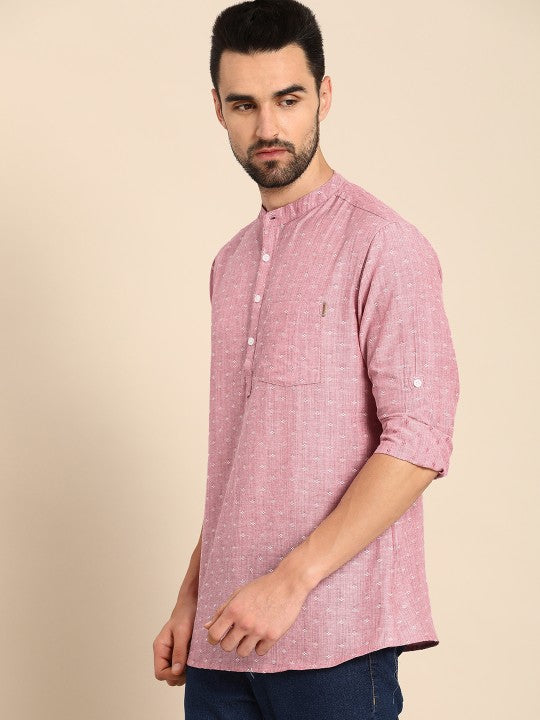 Men Pink Woven Design Pure Cotton Kurta