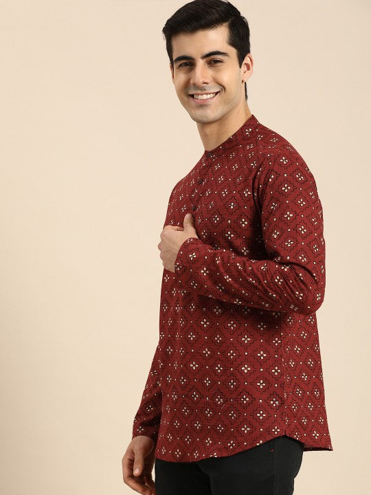 Men Red & Cream Coloured Ethnic Motifs Printed Pure Cotton Kurta