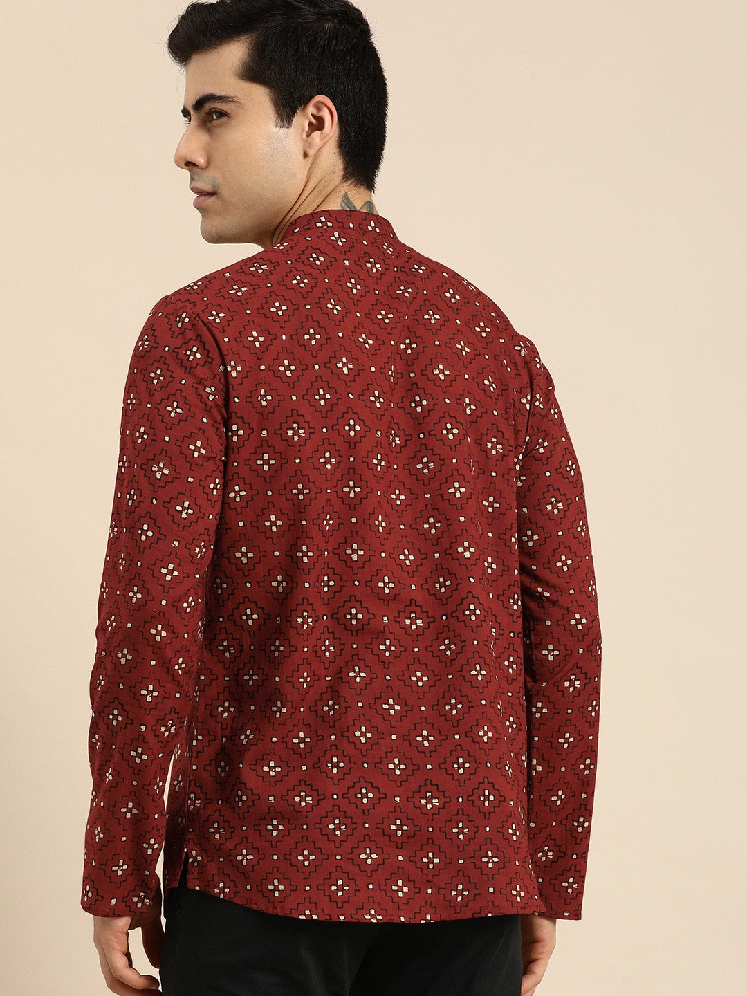 Men Red & Cream Coloured Ethnic Motifs Printed Pure Cotton Kurta