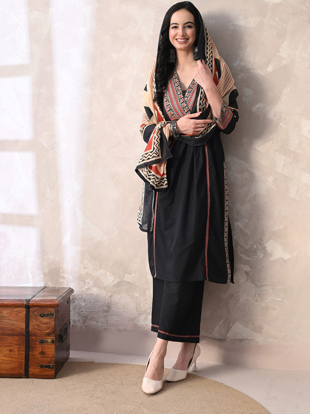 Floral Printed Sequinned Pure Cotton Kurta with Palazzos & With Dupatta