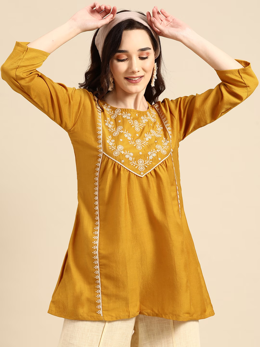 Mustard Yellow Embroidered Longline Top