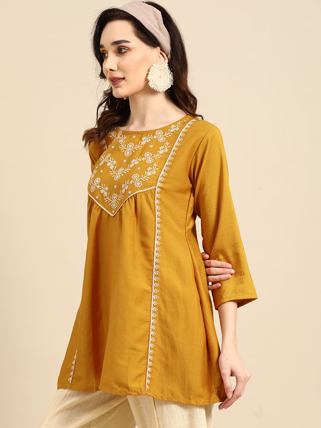 Mustard Yellow Embroidered Longline Top