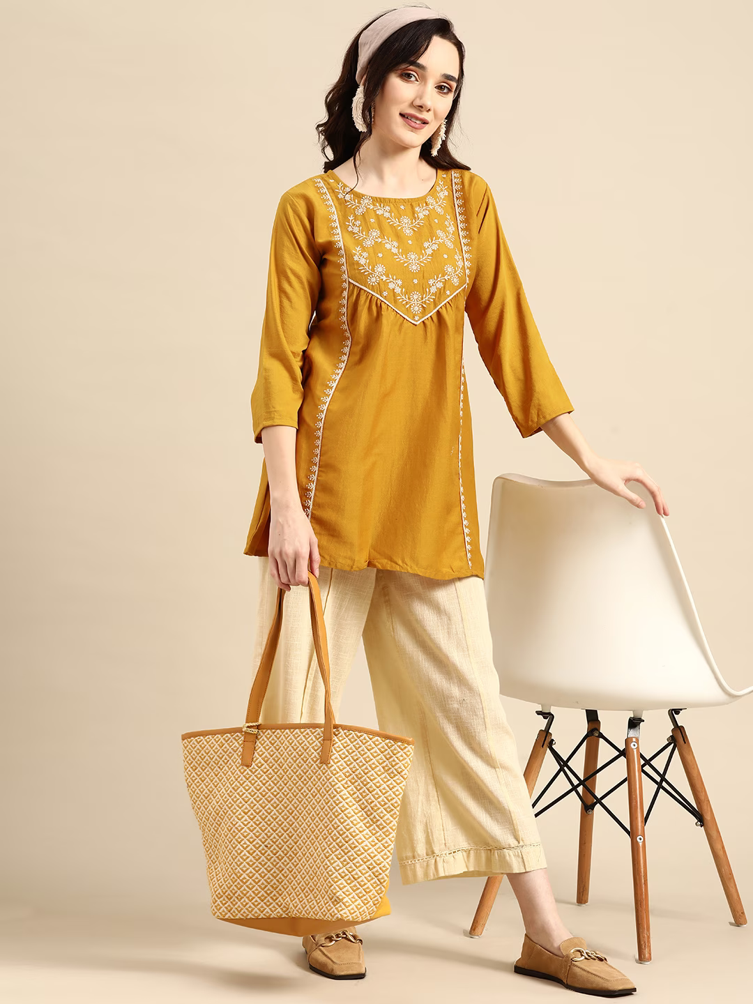 Mustard Yellow Embroidered Longline Top