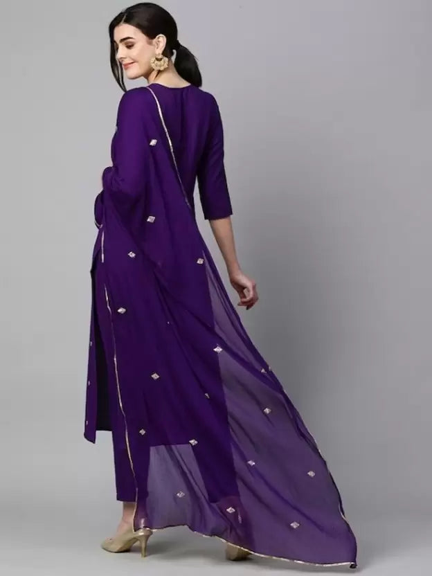 Women Purple Viscose Rayon Kurta Pant Dupatta Set