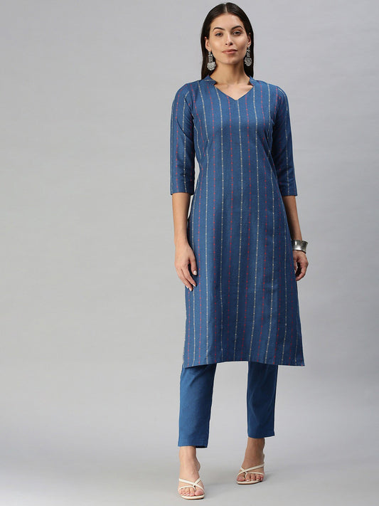 Women Blue Pure Cotton Geometric Woven Design Kurta with Trousers