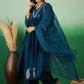 Navy Blue Embroidered A Line Kurta With Palazzo & Dupatta Set