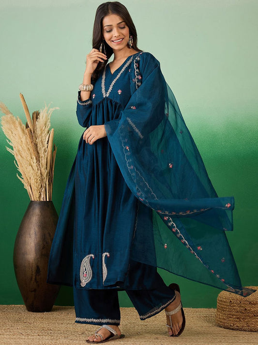 Navy Blue Embroidered A Line Kurta With Palazzo & Dupatta Set